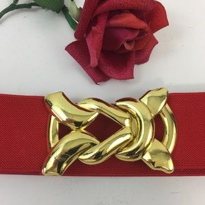 Cherry Red elastic belt Gold buckle 2” wide 25”-30” Waist like new EUC